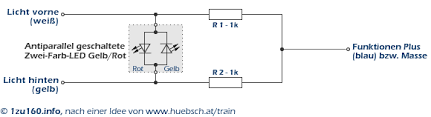 Mit Hilfe einer kleinen Trickschaltung (nach einer Idee von Arnold Hübsch) können Zweifarbled´s angeschlossen werden.