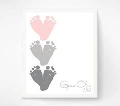 Pink Gray Nursery Wall Art - Baby Footprint Hearts - Personalized ...