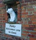 Porcine statuary, set into the wall of a pig farm, greets travellers - via Daymix