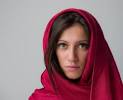young woman in red scarf