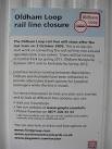 Oldham Loop publicity notice. The next train will be leaving platform one in - via Daymix