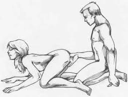 G-spot massage in the doggy position. Black and white line diagram showing a woman kneeling in the doggy position. The man kneels upright behind her. His thumb is inserted (face down) into her vagina and is stroking her G-spot (which is facing upwards).
