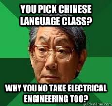 You pick chinese language class? Why you no take Electrical Engineering too? You pick chinese language class? Why you no take Electrical Engineering too? - 135ee51d2f9bbead4a31750517ed38bc2a3c4fe3dc6e178aa59f89d38cc49725