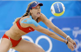 2008 Gold Medal winner Kerri Walsh supports her shoulder with kinesio taping.