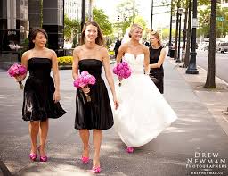 Short black bridesmaid dresses and hot pink flowers and shoes ...