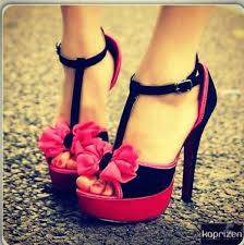 Shoes: high heels, pink, black, t-strap heels, bows, pink bow ...