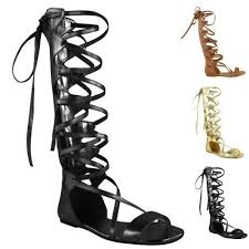 Buy LADIES WOMENS KNEE HIGH GLADIATOR SANDALS FLAT LACE UP STRAPPY ...