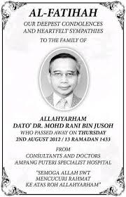AL-FATIHAH. Dato\u0026#39; Dr. Mohd Rani Bin Jusoh. Source: New Straits Times, 7th August 2012, Page 34. Related posts: Tan Sri Dato\u0026#39; Abdul Aziz Bin Mohd Zain ... - DatoDrMohdRaniBinJusoh