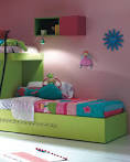 Girl Bedroom With Green Bed And Pink Wall Decor. Part of Bedroom ...