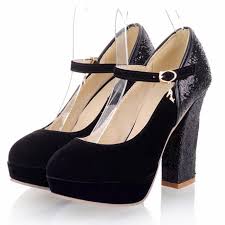 US$36.83] - Pretty Round Toe Chunky Heel Black Ankle Strap Pumps ...