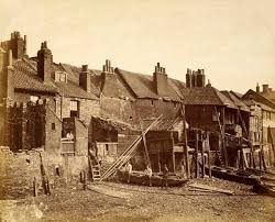 William Strudwick: riverside view of houses in Fore Street, Lambeth, before the building of the Albert Embankment, c.1865 - Strudwick_1