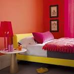 Bedroom: Bright Orange Wall Bedroom Decor And Pink Curtain, small ...