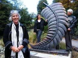 Aspiring Arts and Culture Trust chairwoman Janet Malloch (left) and trustees Jeri Elliot and Sally Middleton admire the Fern bronze sculpture, installed in ... - aspiring_arts_and_culture_trust_chairwoman_janet_m_1247228255