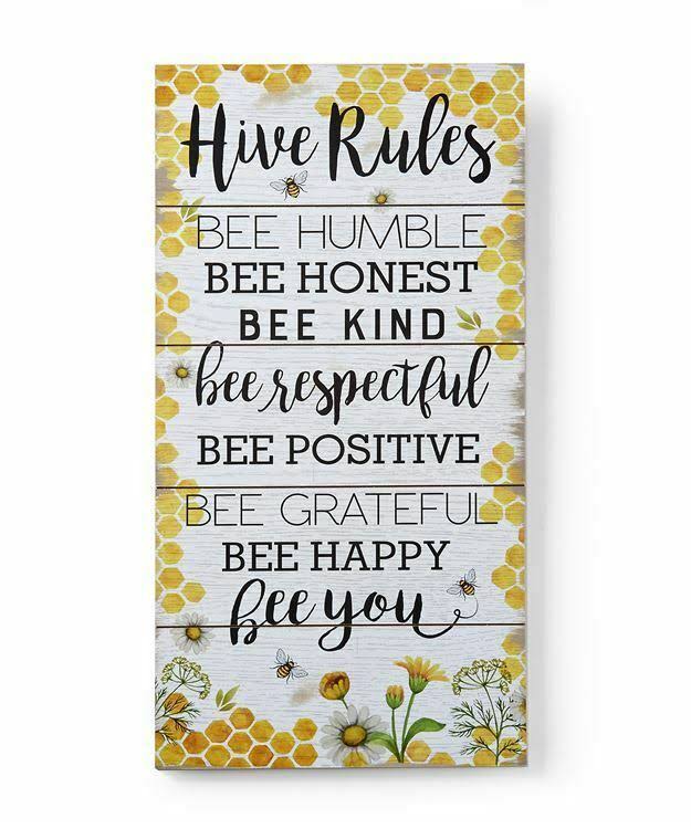 23" Hive Rules Wood Wall Sign W Sentiment BeeTheme - Yellow & White Color