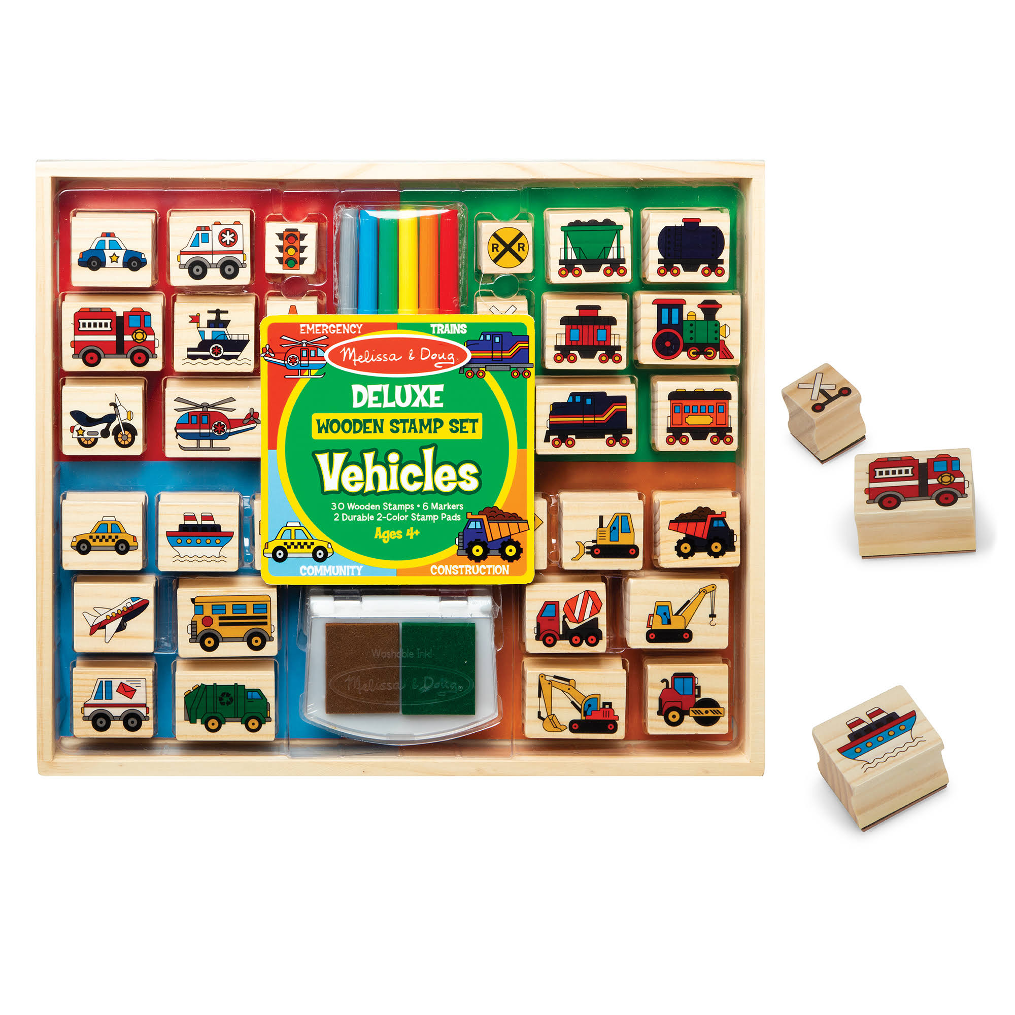 Melissa & Doug Deluxe Wooden Stamp and Coloring Set Vehicles (30