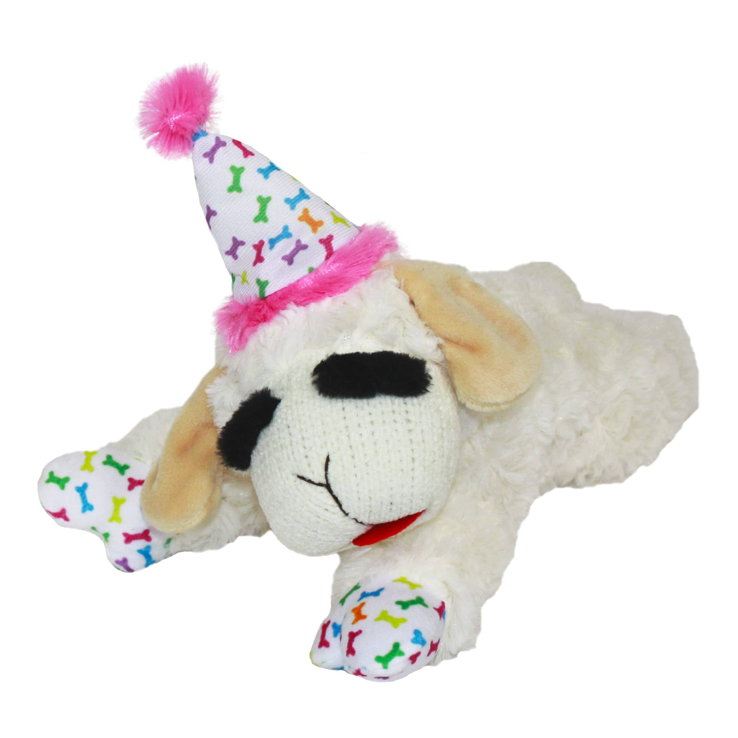 Lamb Chop Dog Toy with Birthday Hat, Pink, 10.5"