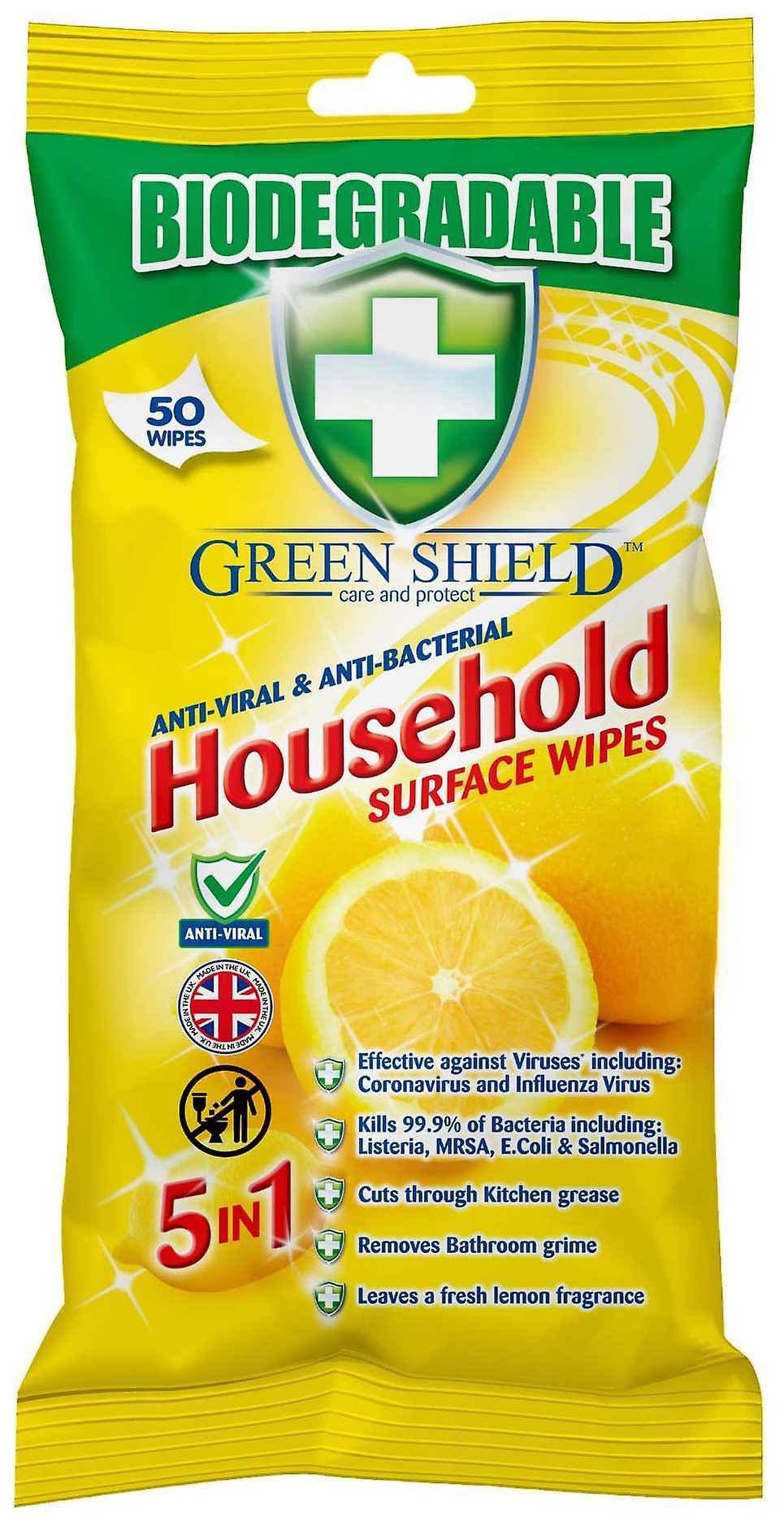 Greenshield Biodegradable Antiviral and Anti-Bacterial Surface Wipes for Home, 50 Wipes