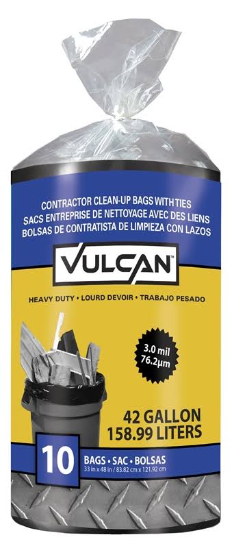 Vulcan FG-03812-06 10ct Contractor Bag, 42 Gal Capacity, Tie Closure, Poly, Black