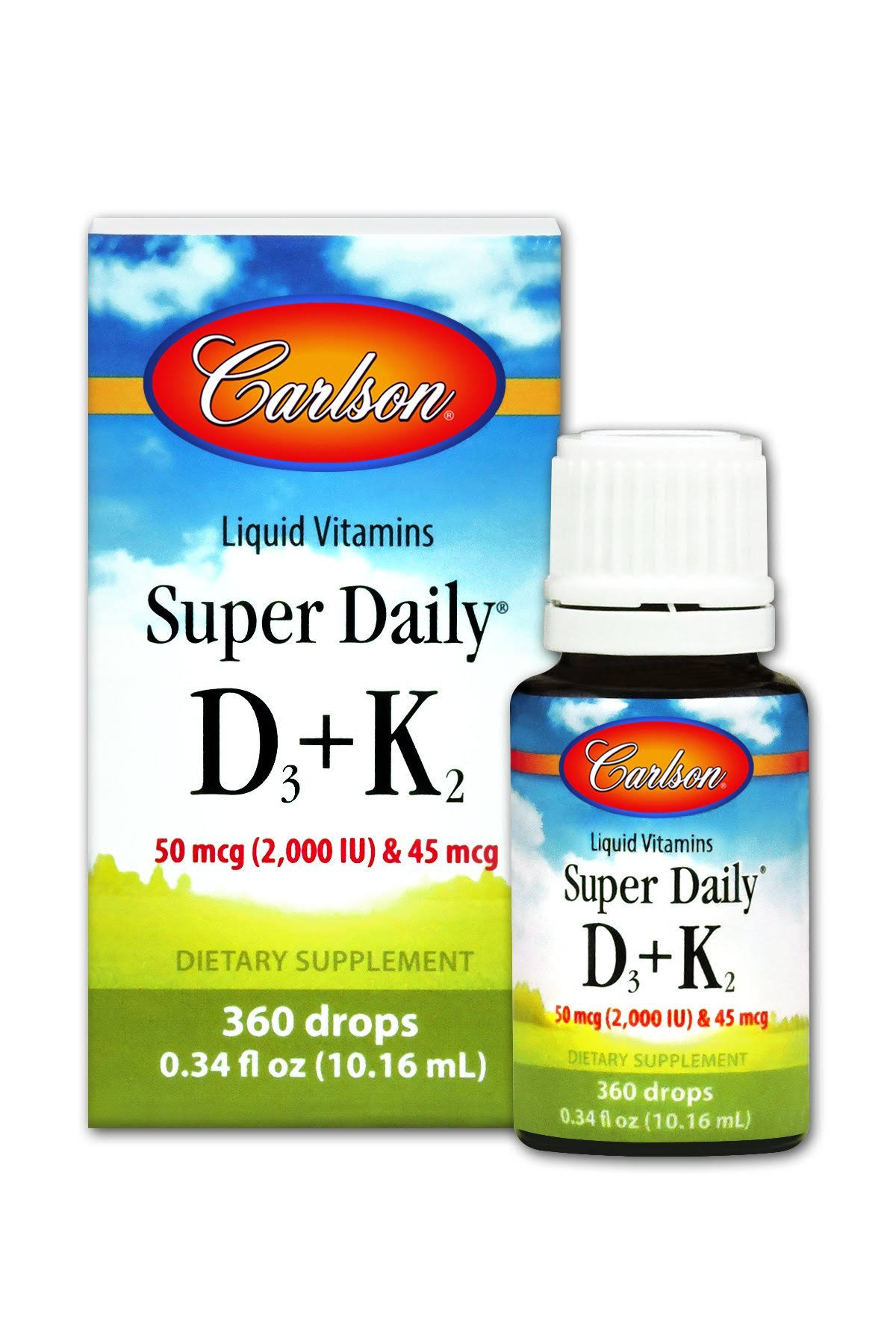 Carlson Labs Liquid Vitamins Super Daily D3+K2 50 mcg (2000 IU) & 45 mcg 360 Vegetarian Drops 0.34 fl oz (10.16 ml)