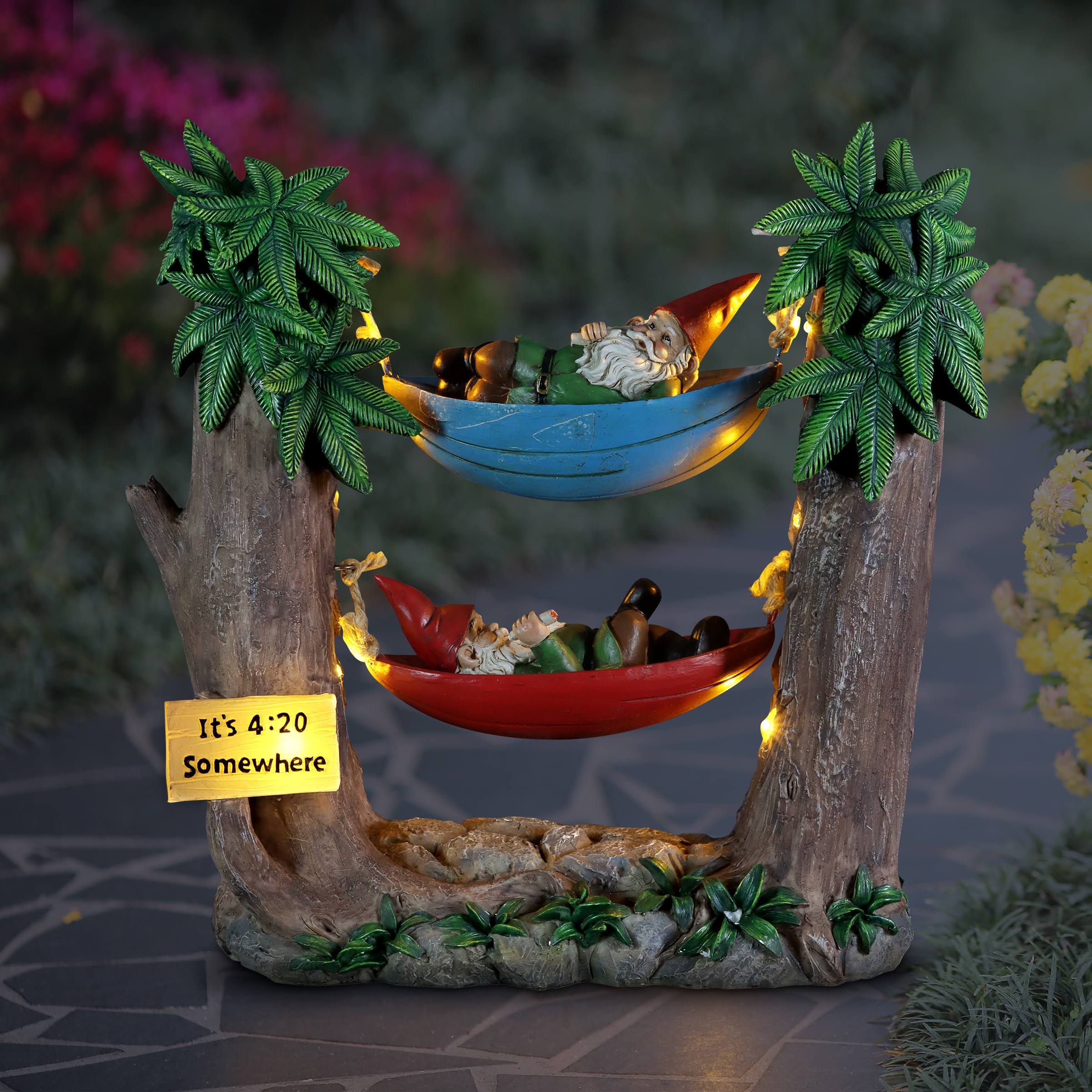Exhart Solar Good Time Tokin' Gnomie Marijuana Smoking Gnomes on Hammocks in LED Ganja Trees Garden Statuary