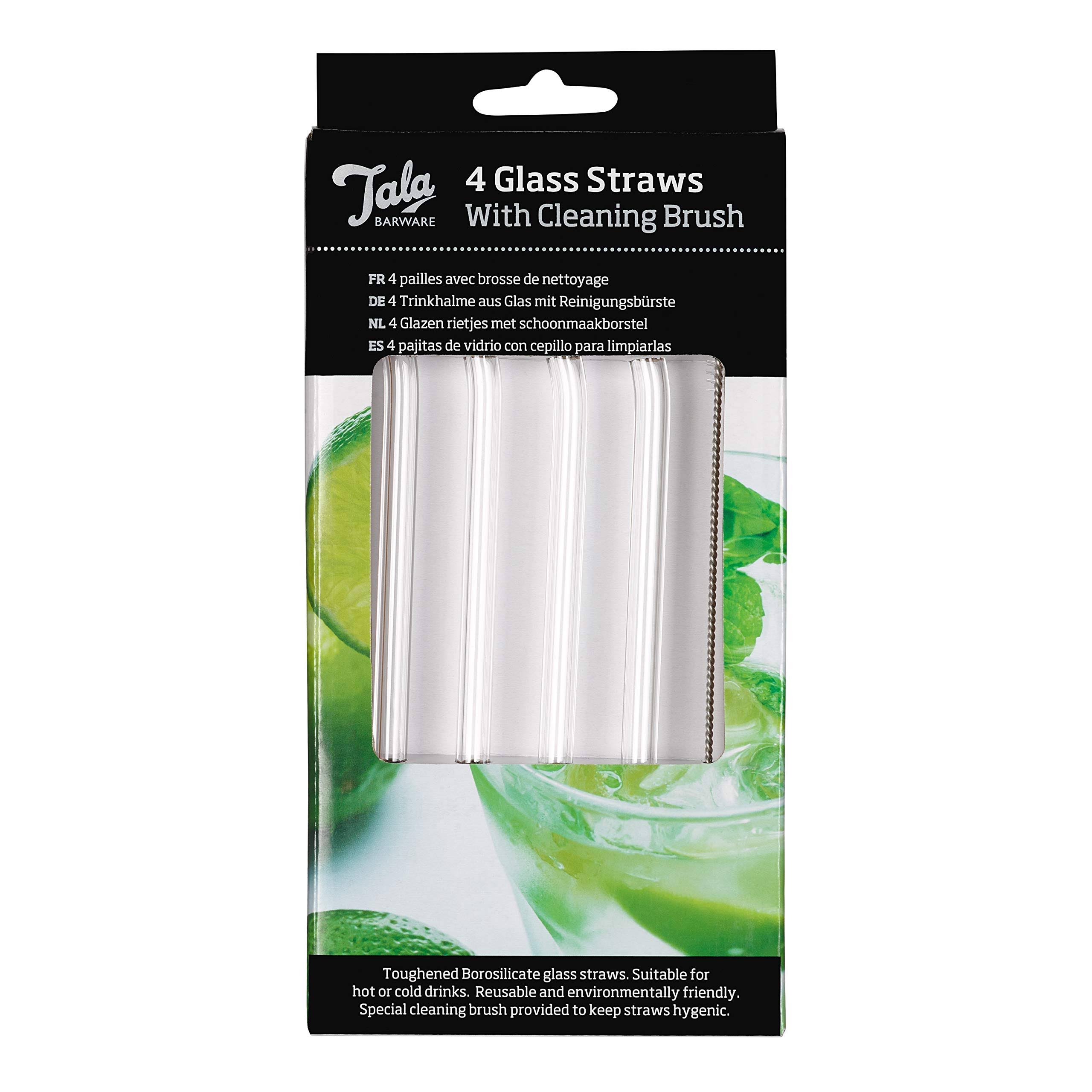 Tala Barware Set of 4 Reusable Glass Drinking Straw with Cleaning Brush