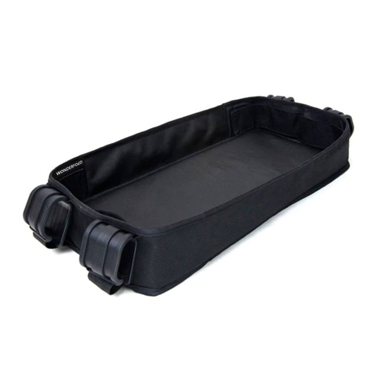 WonderFold Double Sided Stroller Tray for Snacks & Activities Featuring Faux Leather Side for Eating, Polyester Side for Activities, and 4 Kid’s Cup