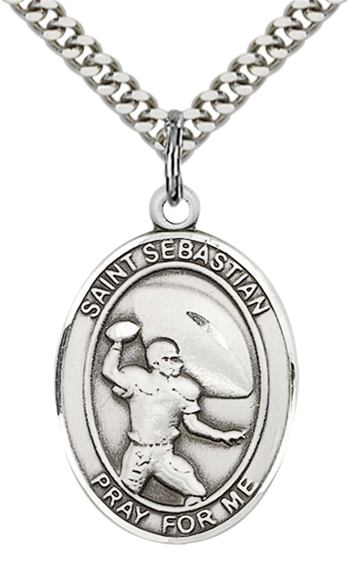 Sterling Silver St. Sebastian / Football Pendant 1 x 3/4 Inch with 24 Inch Chain