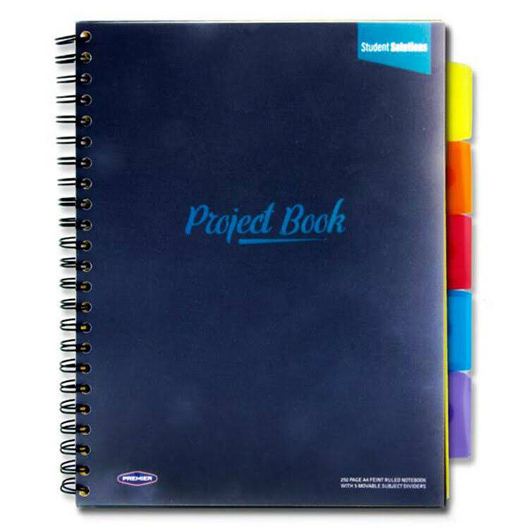 3 x A4 Spiral Bound 5 Subject Project BOOK Lined 250 Pages, Blue