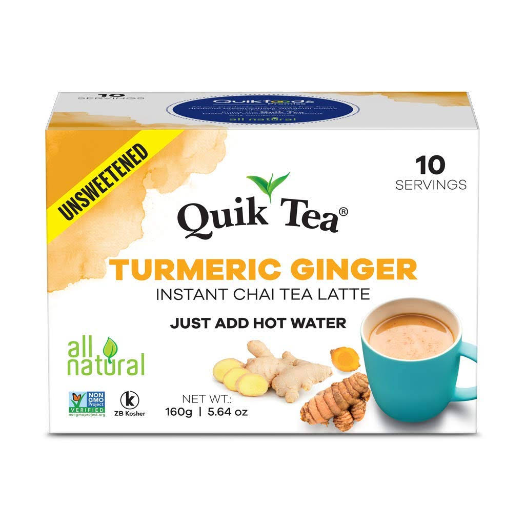 QuikTea Unsweetened Turmeric Ginger Chai Tea Latte - 10 Count Single Box - All Natural Preservative Free Authentic Instant Chai From Assam