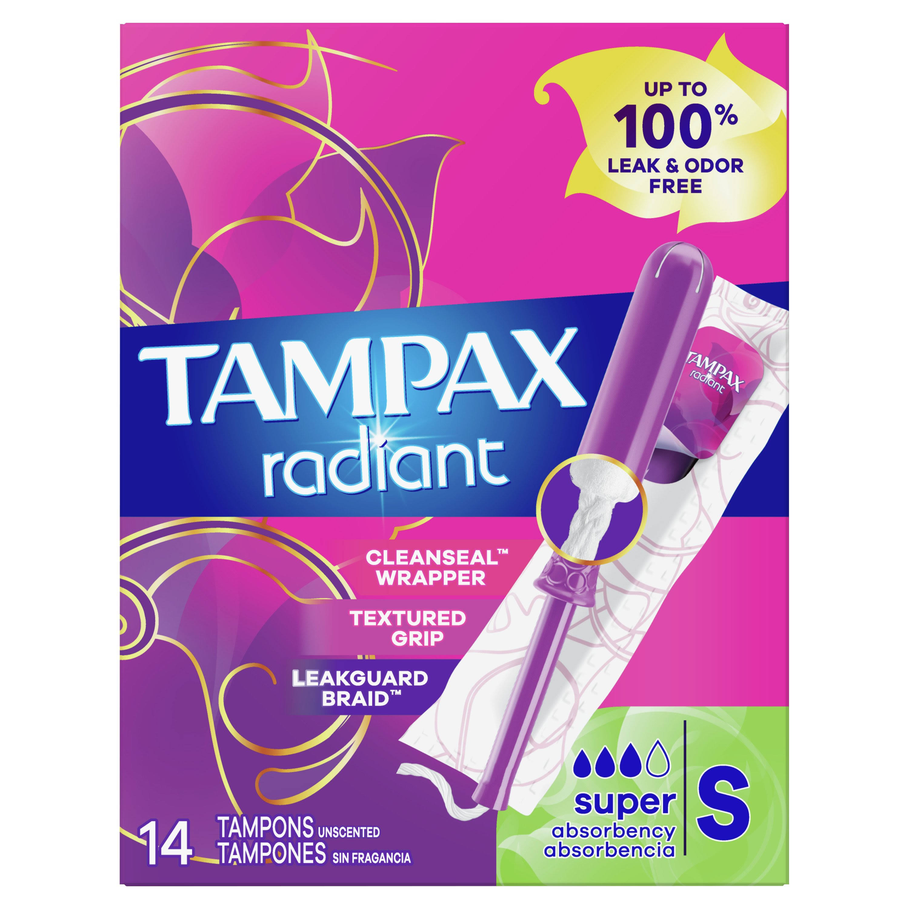 Tampax Radiant Tampons, Super Absorbency, Unscented - 14 tampons