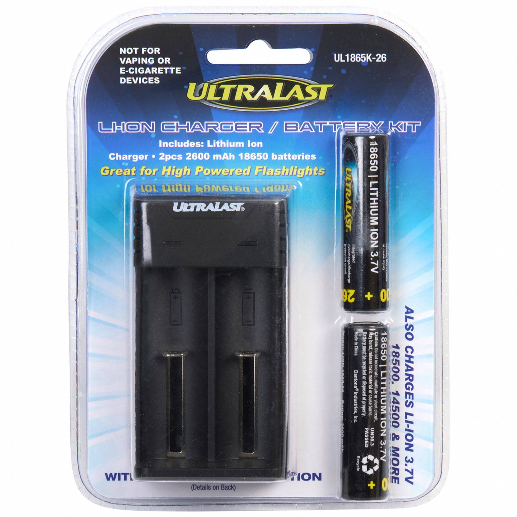 Ultralast Rechargeable Batteries and Charger Set Lithium Ion 18650 3.7 V 2.6 Ah UL1865K-26