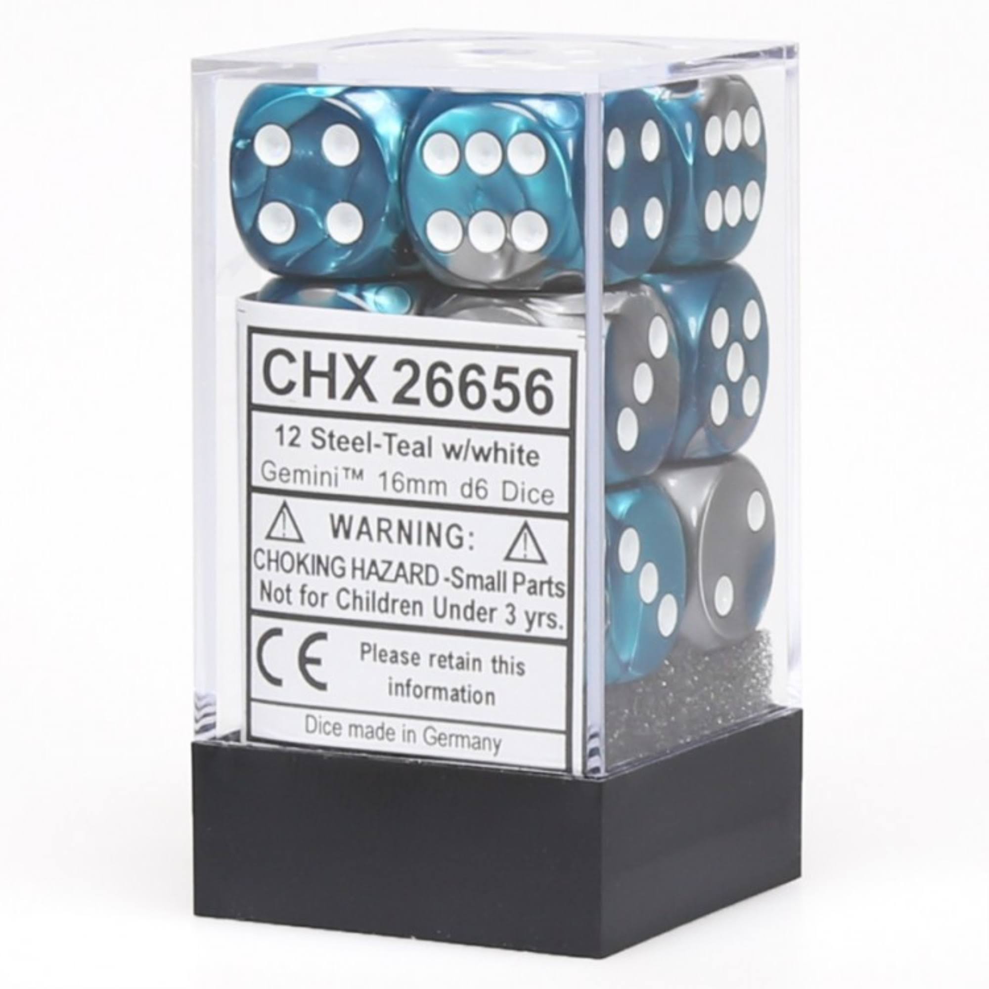 Chessex Gemini D6 Dice - Steal & Teal, 16mm, 12ct