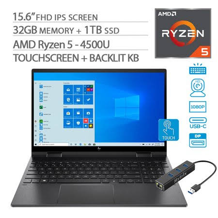 HP Envy x360 2-in-1 Touchscreen Laptop, 15.6" IPS FHD, Ryzen 5-4500U 6-Core up to 4.00 GHz, 32GB RAM, 1TB SSD, USB-C/DP, HDMI 2.0, Backlit KB,
