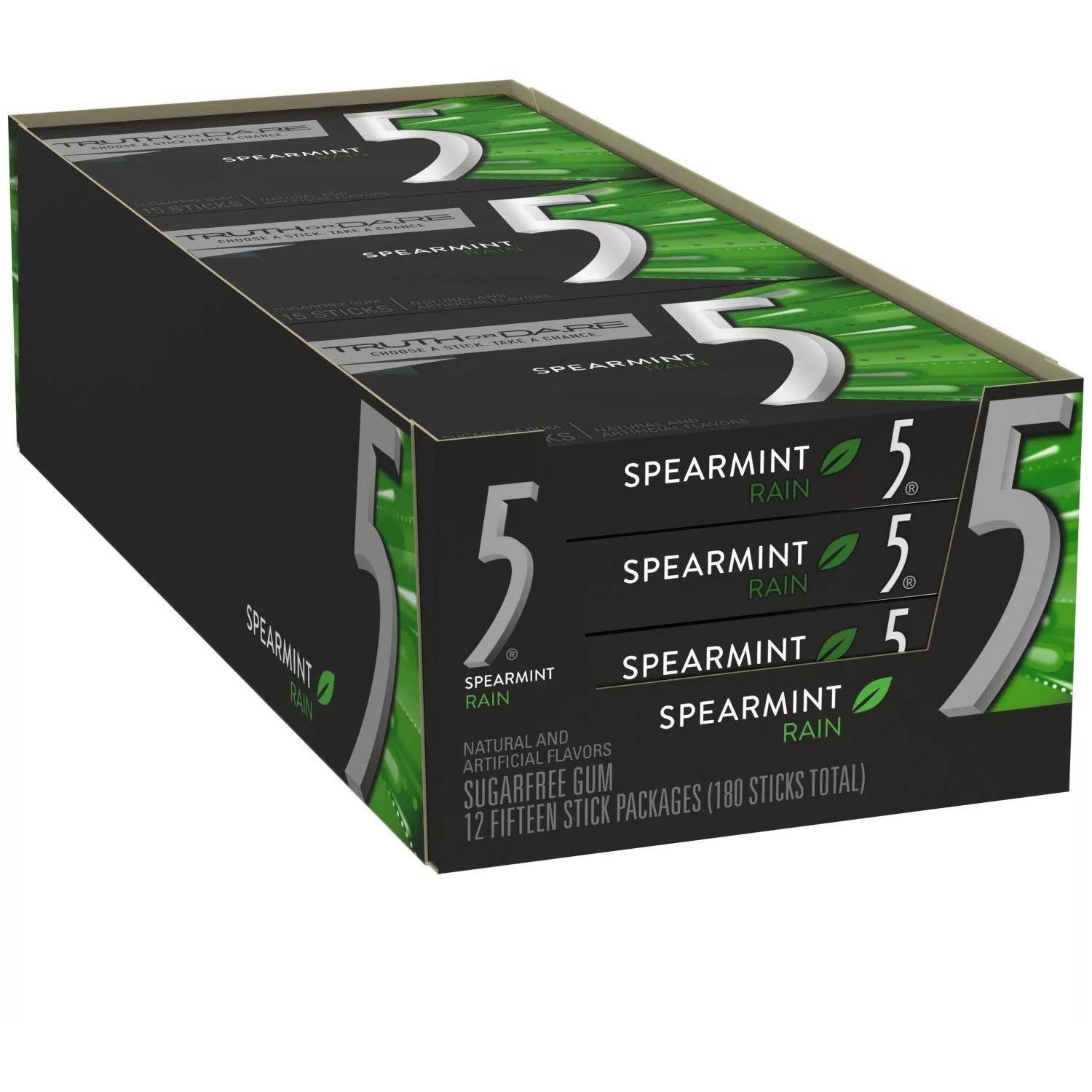 5 Gum Rain Sugar Free Spearmint Chewing Gum Box of 12 x 15 Stick Packs