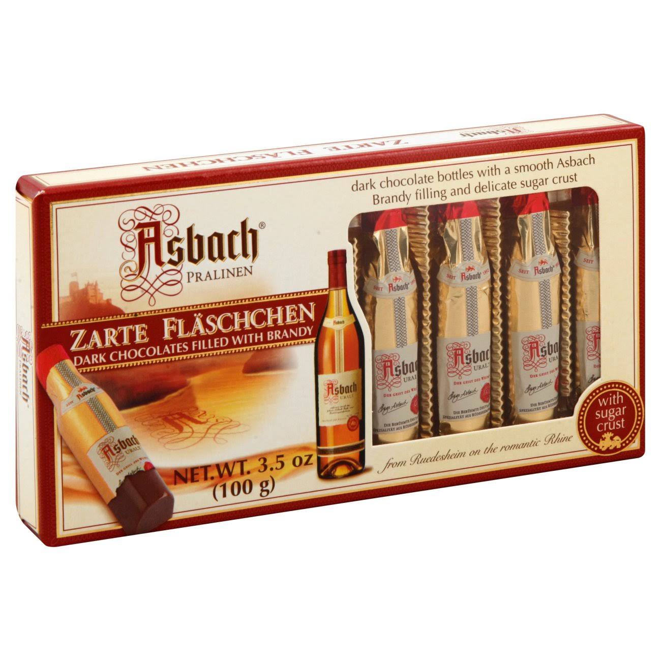 Asbach Uralt Brandy 8 Filled Bottle Shaped Chocolates with Sugar Crust in Window
