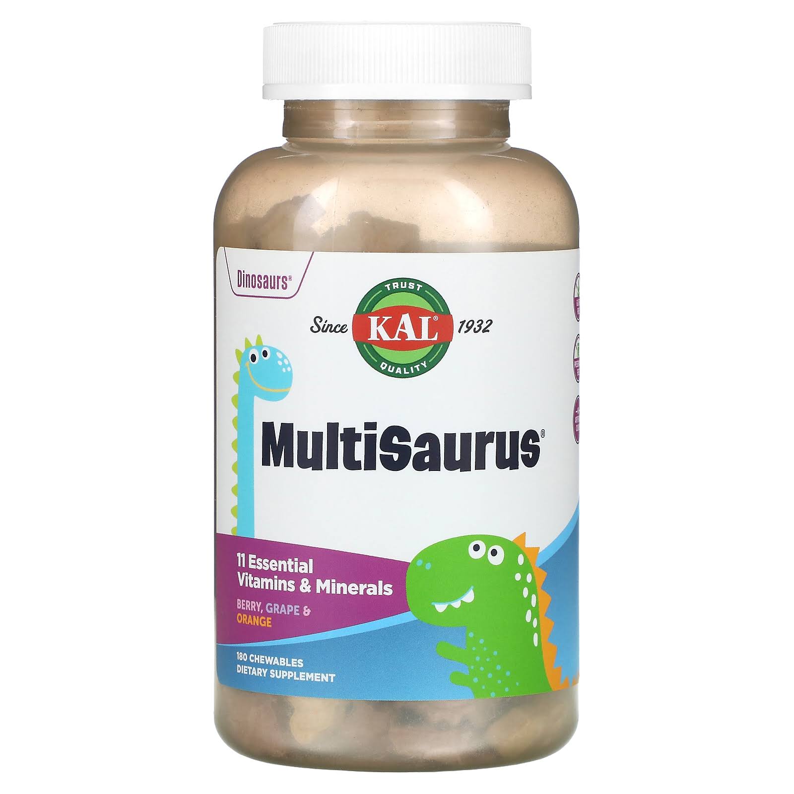 Kal Dinosaurs Multisaurus Childrens Vitamins And Minerals Supplement - Berry Grape And Orange, 180ct