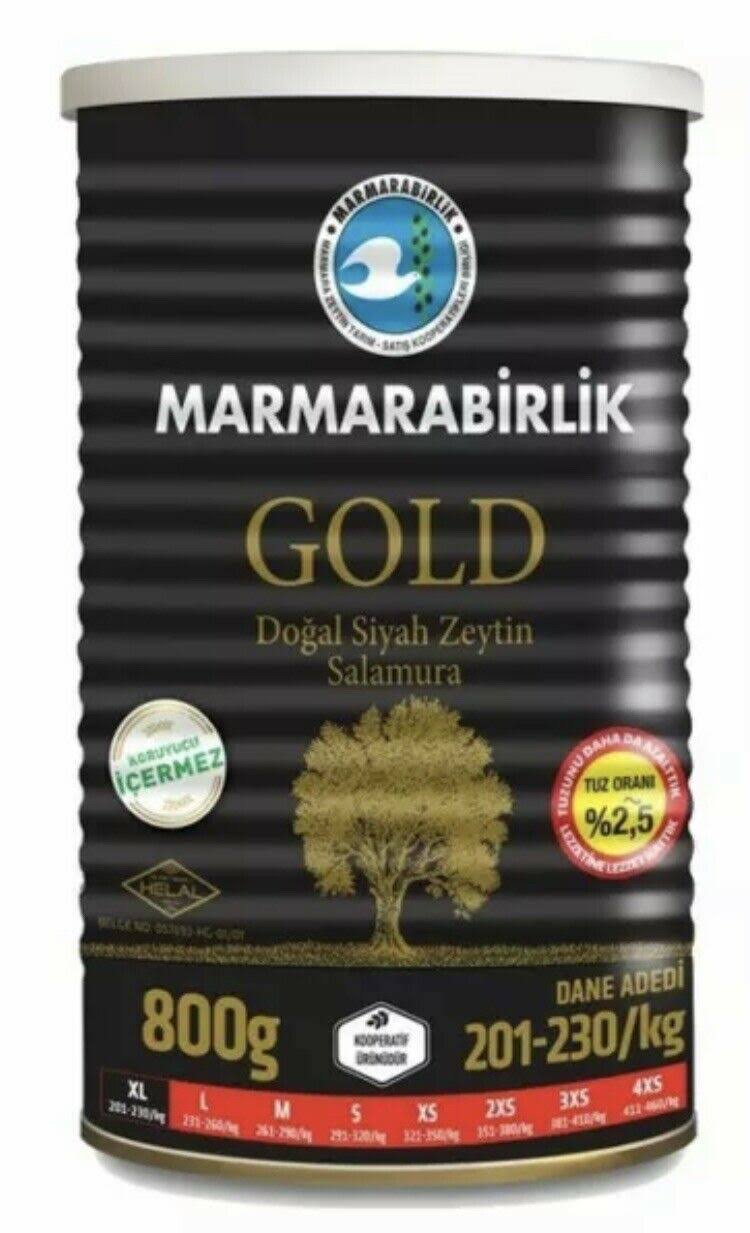 Mamara Birlik Gold Turkish Black Olives in Brine, Mega XL Size, 800gr. in Tin