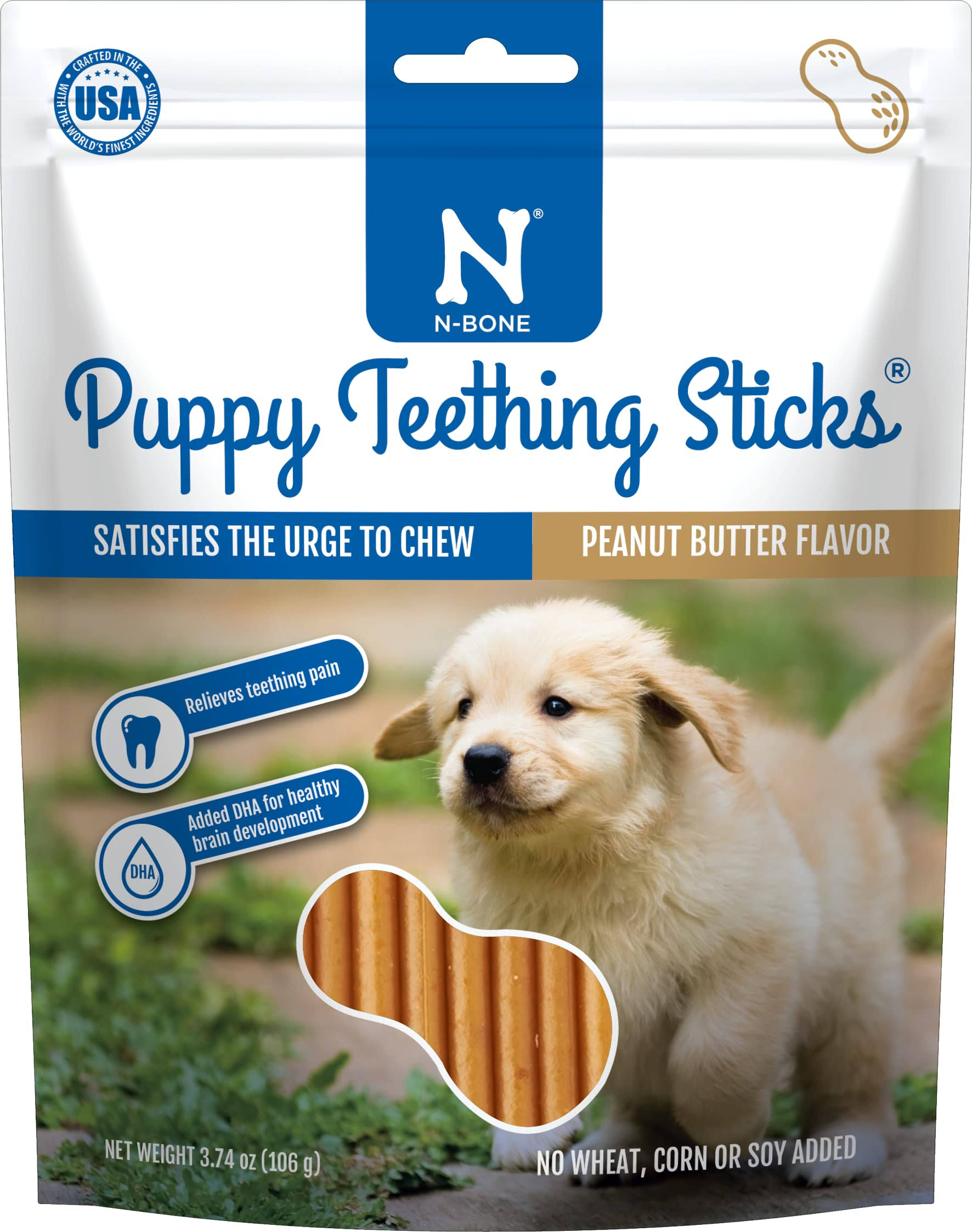 N-Bone Puppy Teething Sticks Peanut Butter Flavor, 3.74 oz, 1 Pouch, Brown