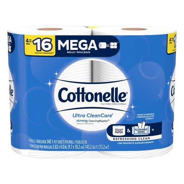 Cottonelle Toilet Paper, Mega Roll, Ultra CleanCare, 1-Ply - 4 rolls