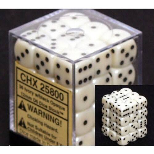 Chessex Opaque 12 MM D6 With Pips Dice Blocks 36 Dice Ivory With Black