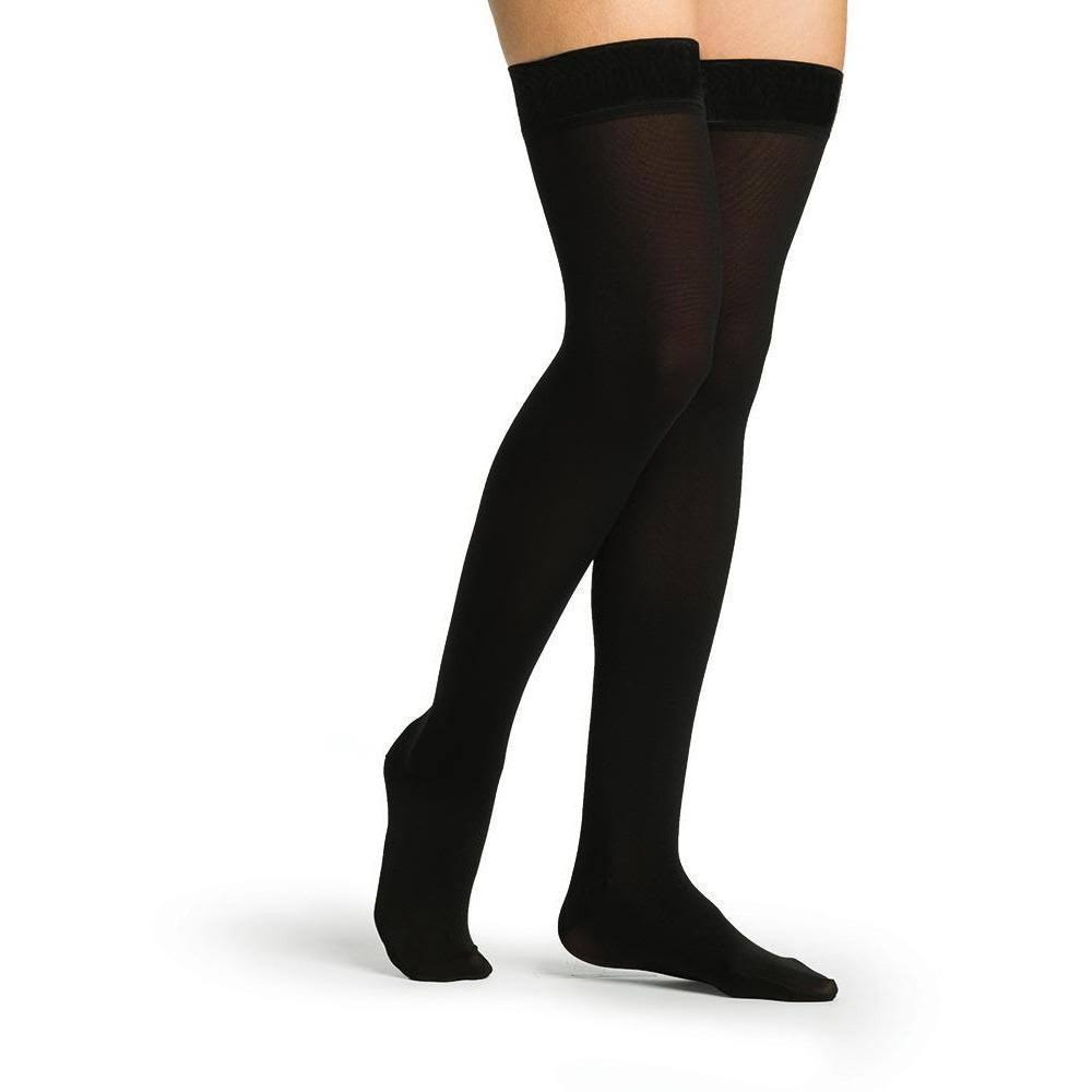 Sigvaris Soft Opaque Women's Thigh High 20-30 mmHg, Open Toe / LL / Black