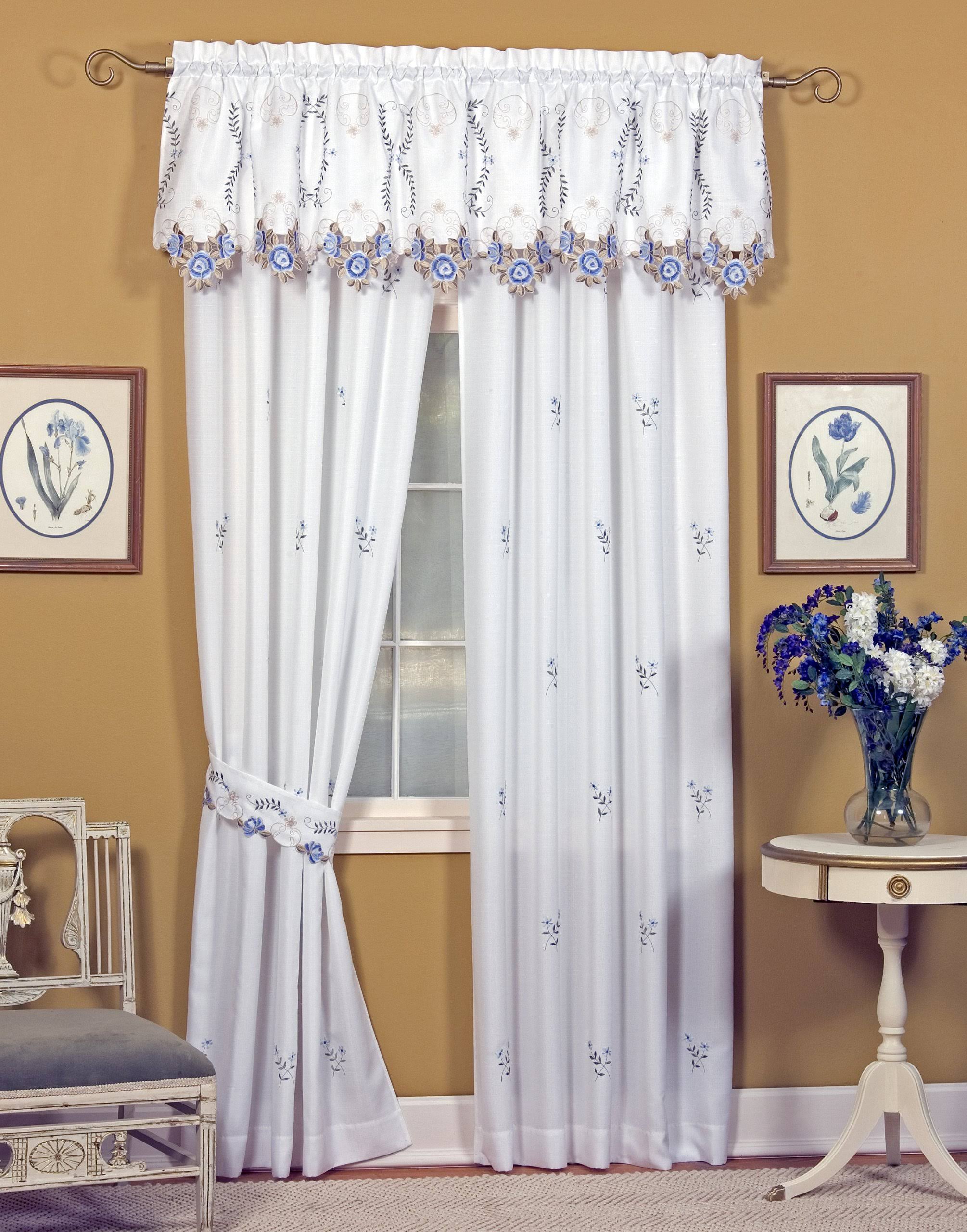 Today's Curtain Verona Reverse Embroidery Window Panel Pair and Tiebacks 84-Inch White/Blue