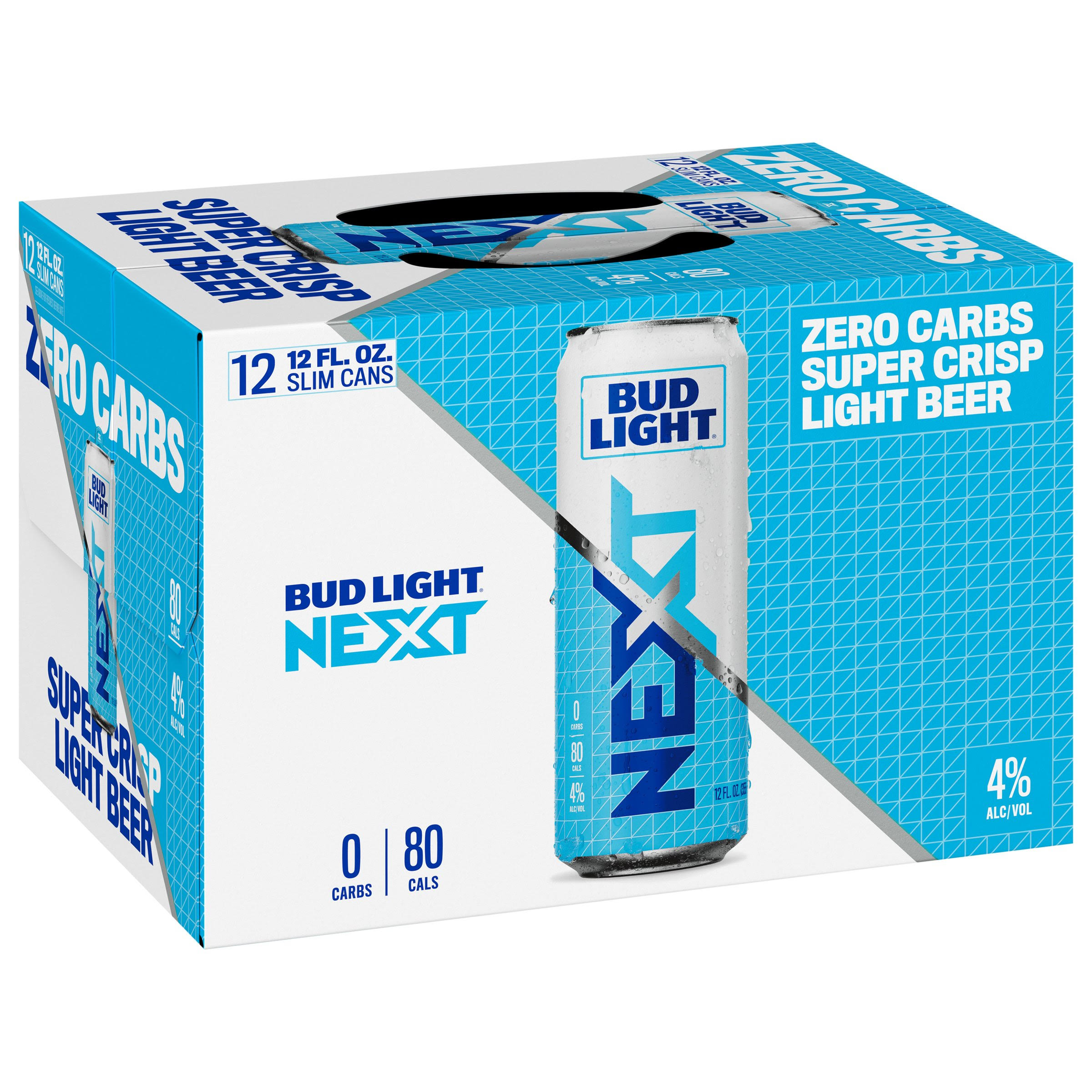 Bud Light Next Beer, Light, Zero Carbs, Super Crisp - 12 pack, 12 fl oz slim cans