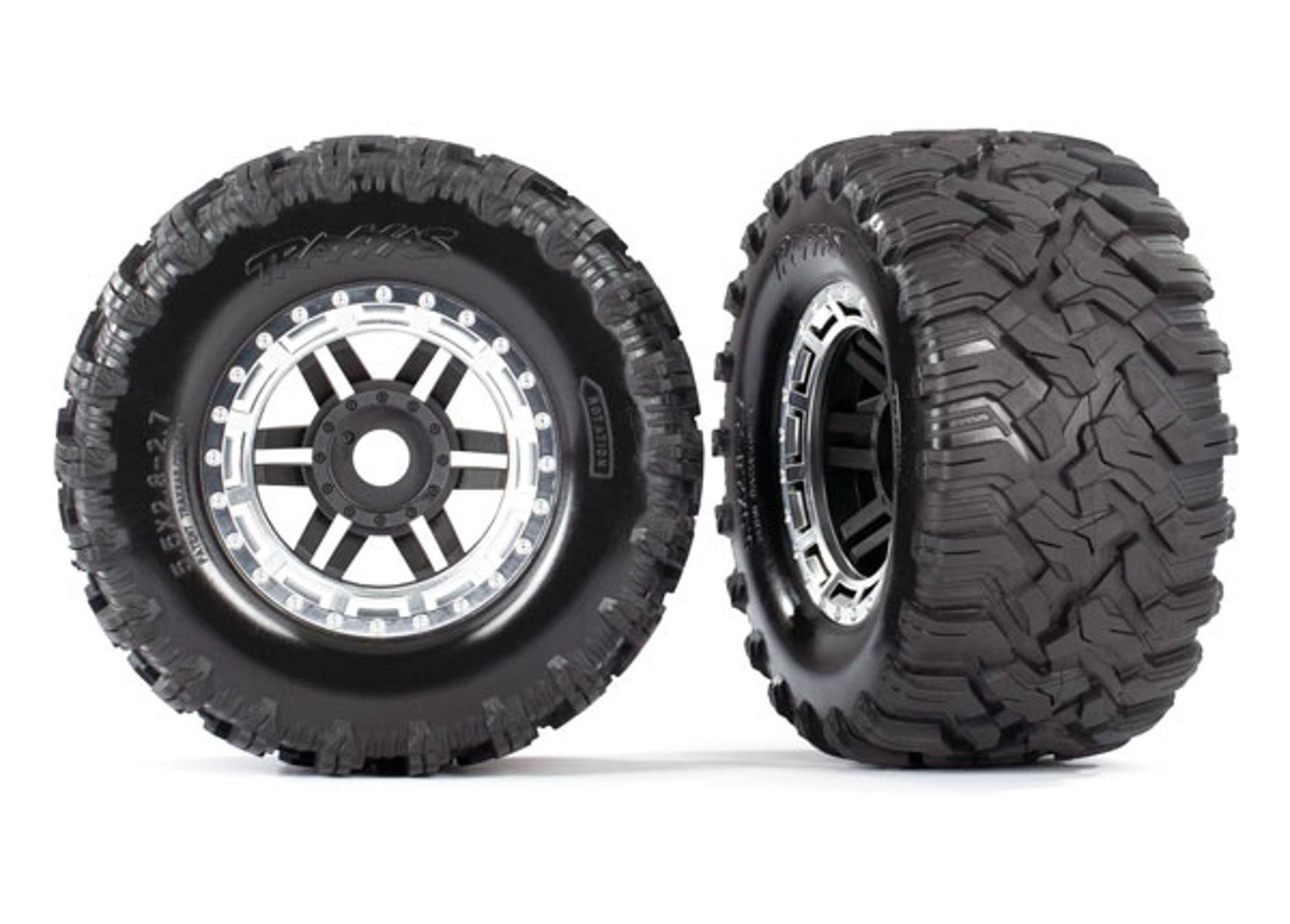Traxxas 8972X Tires & Wheels, Black, Satin Chrome Beadlock Style, Maxx MT Tires