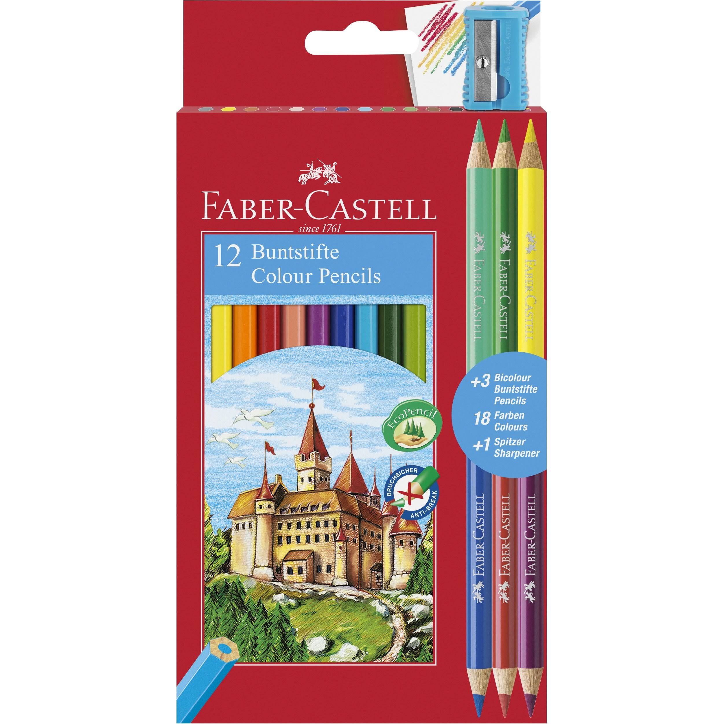 Faber-Castell Colouring Pencils with 3 Bi-Colour Pencil + Sharpener - Pack of 12