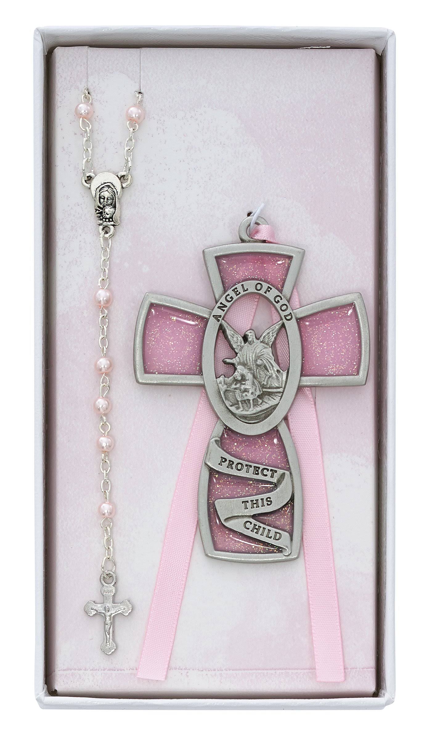Pink Guardian Angel and Rosary Set