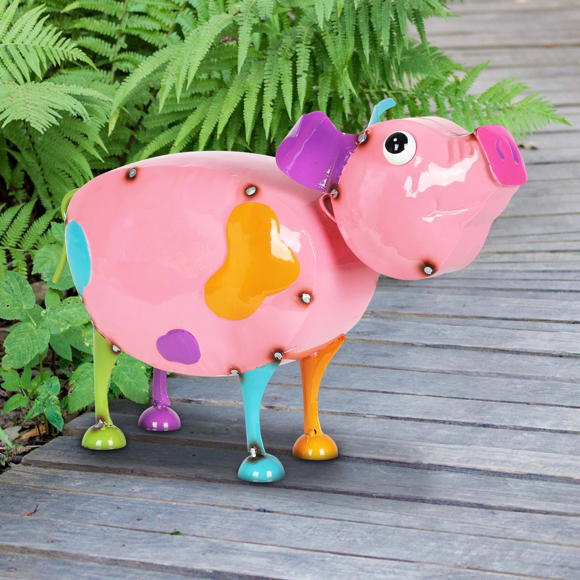 Exhart Hand Painted Pink Metal Pig Statuary, 15 by 9 Inches - Multi