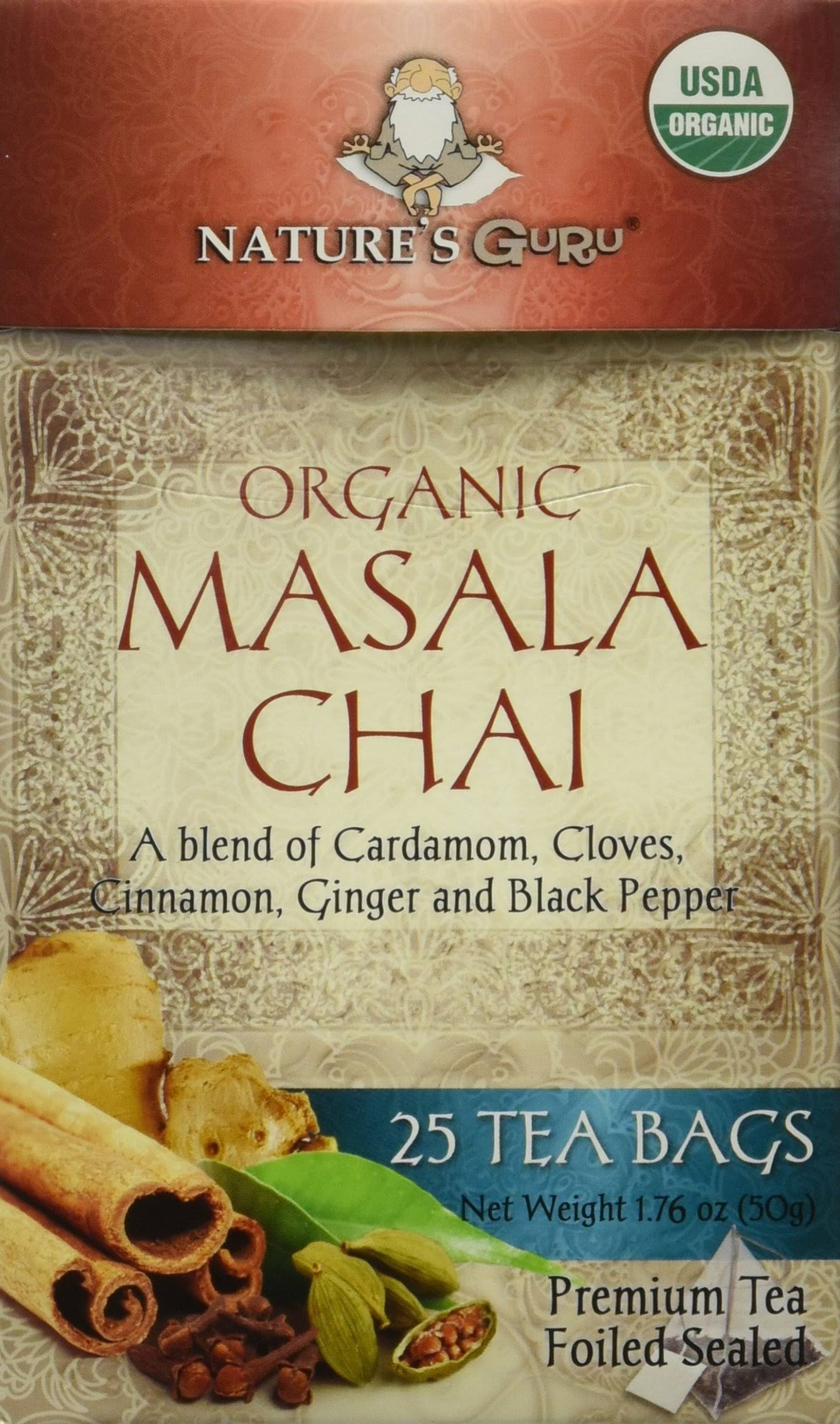 Nature's Guru Organic Whole Leaf Black Tea, Masala Chai, 25 Count Indi