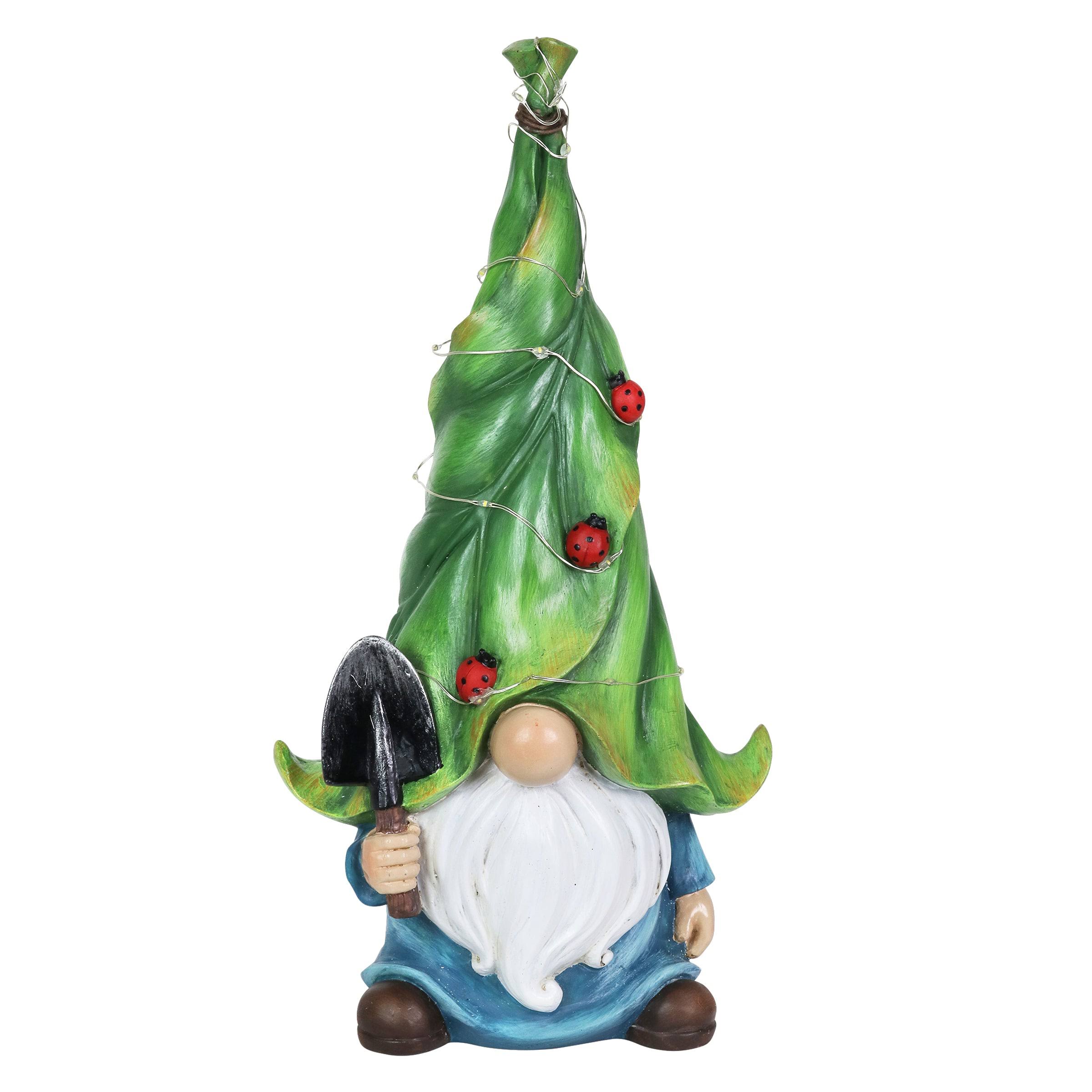 Exhart Solar Garden Gnome Statue, LED Hat, Ladybugs & Trowel, Durable Resin Yard Décor, 7”x5 X14