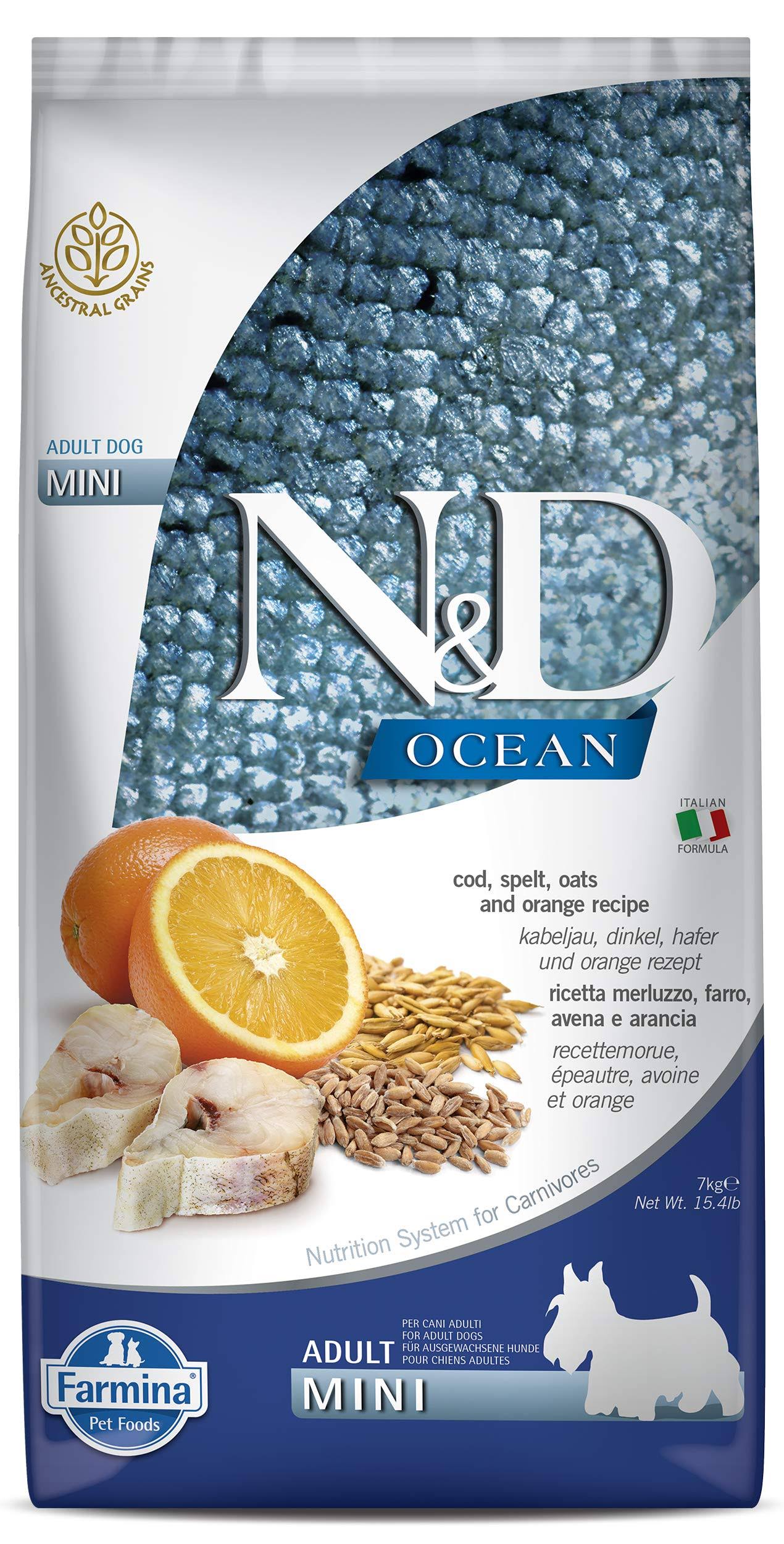 Farmina Ocean N&D Natural & Delicious Ancestral Grain Mini Adult Cod, Spelt, Oats & Orange Dry Dog Food, 15.4 lbs